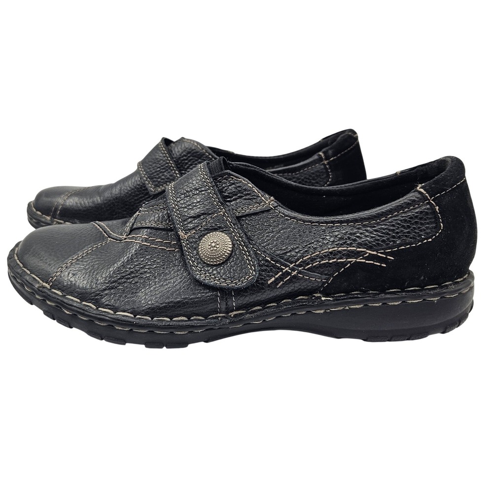 Earth Origins Black Leather & Suede‎ Loafers Hook Loop Strap Button Shoes 8.5